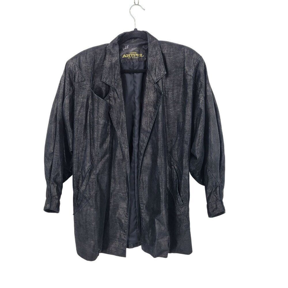 Vtg 80s Genuine Leather Jacket Sz L Black‎ Oil Slick Textured Batwing Oversized